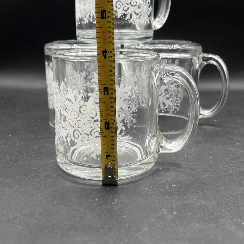 Crate & Barrel Set Of 4 Snowflake White And Clear Glass Mugs Made In USA